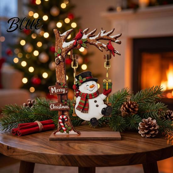 Festive Fireplace Ornaments Christmas Wooden Ornaments, Santa Snowman Figurine with Moving Xmas Gift for Family Swing, Rustic Holiday Tabletop