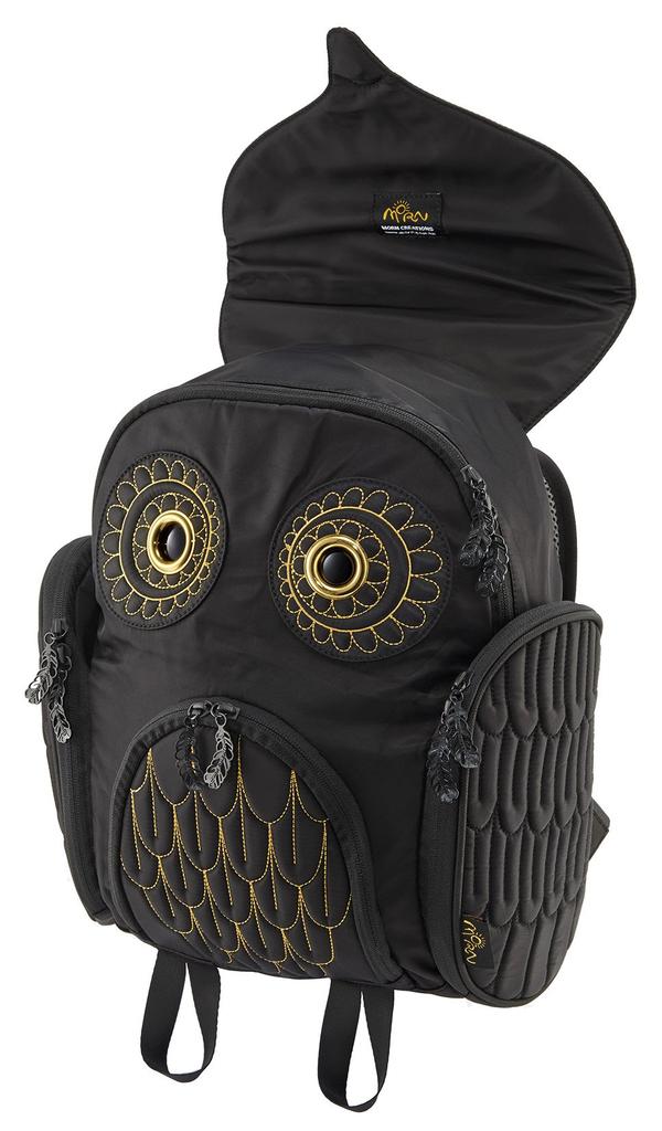 MORN CREATIONS Owl Classic Backpack M Size Gold Embroidery Black