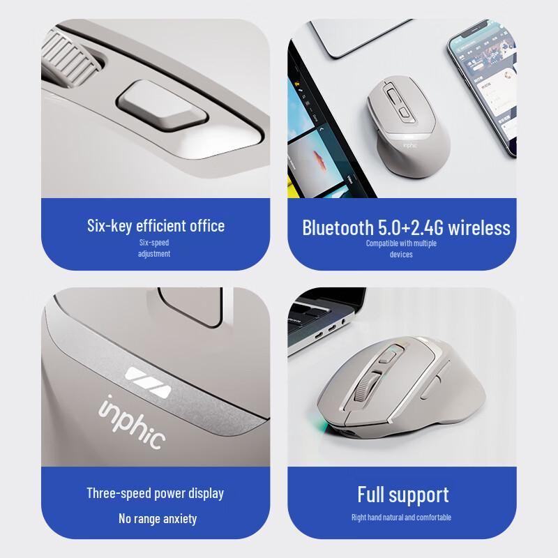 INPHIC DR6 Wireless Bluetooth Tri-Mode Rechargeable Silent Mouse