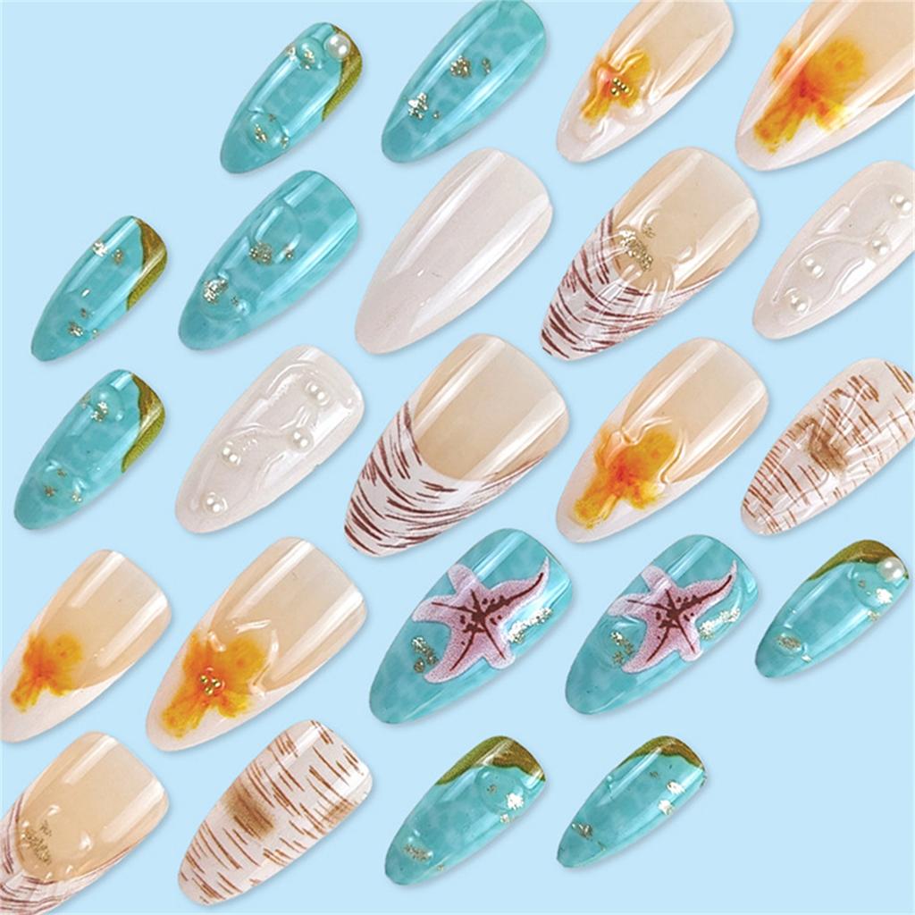 24 Pcs Glossy Fake Nails 3D Ocean Nail Tips with Starfish-Design Lightweight Press On Nails for Daily Party Use