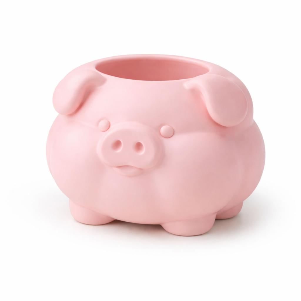 A container in the shape of a plump pink pig