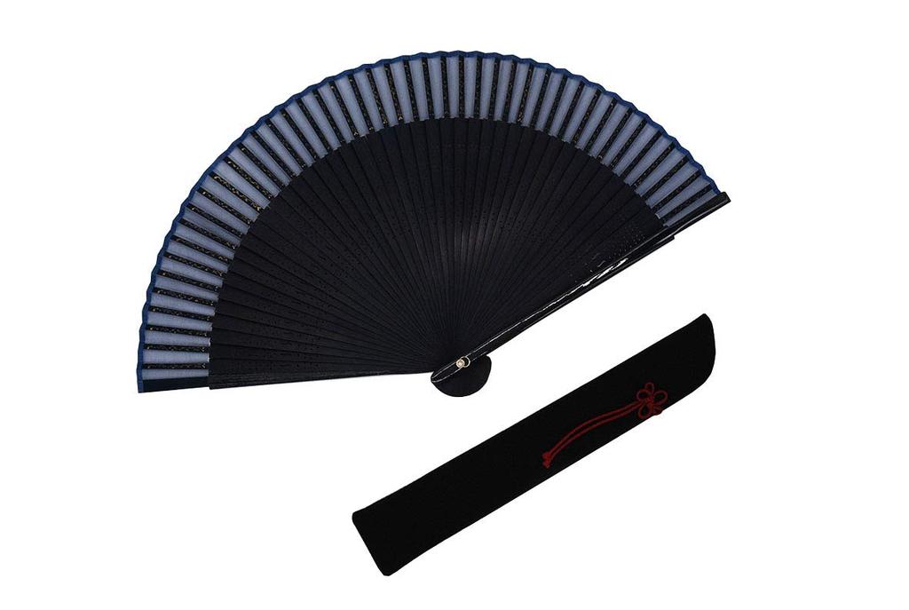 Unisex Short Hot Stamp Folding Fan (Navy Blue) and Folding Fan Bag (Black) Set