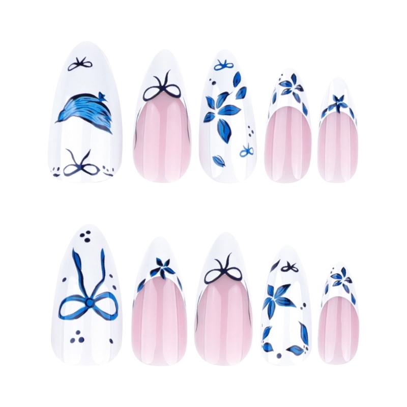 24 Pcs French Tip Press On Nail Short Almond False Nail Bows Full Cover Stick On Nail Blue Flowers Acrylic Nail