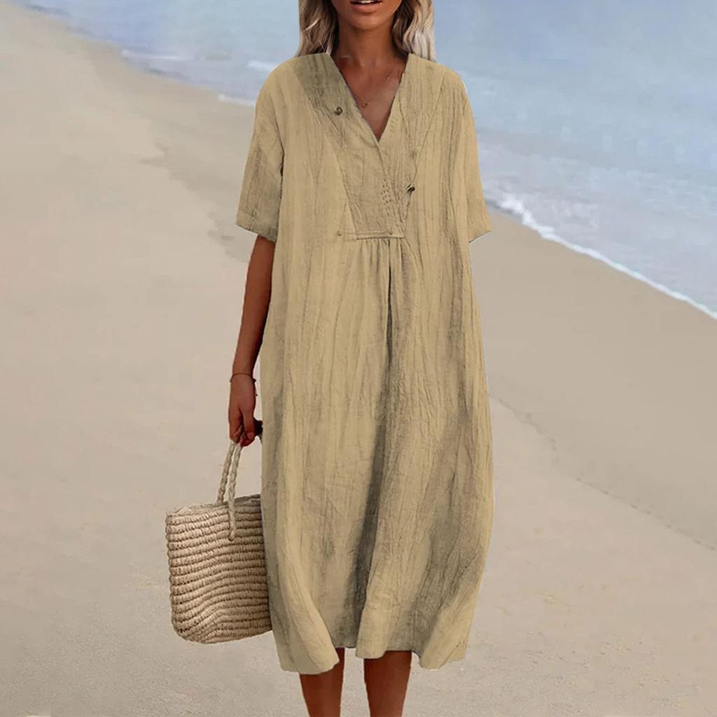 Женские повседневные платья с v-образным вырезом, однотонные платья для отдыха на пляже, свободное время, свободное хлопковое льняное платье-рубашка