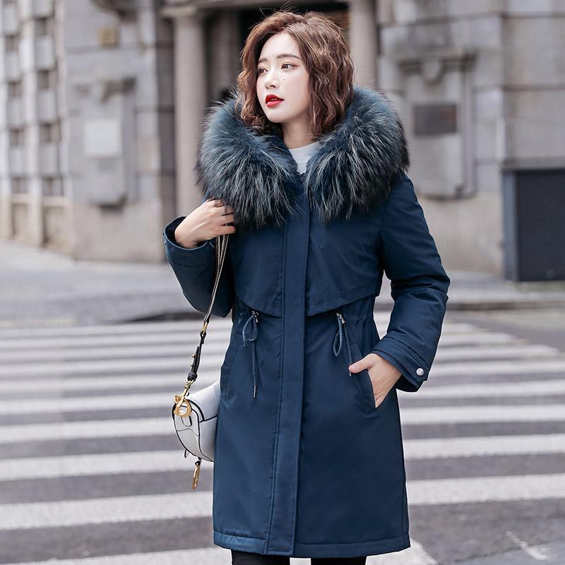 Women Fall Winter Jacket Coat Parka Thicken Cotton Liner Medium Long Hooded Fur Collar Adjustable Waist Solid Color M-6XL