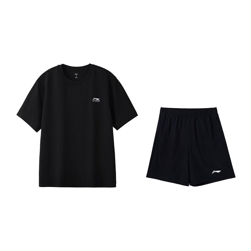 Li-Ning Универсальные свободные дышащие короткие рукава удобные шорты повседневный спортивный костюм мужской костюм черный W775-1+V236-1