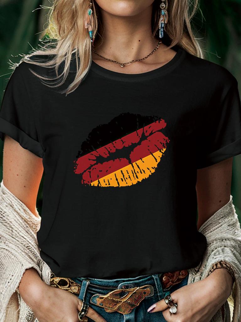 Retro lips 2024 European Cup Graphic Crop T-shirt Women Summer Fashion Harajuku