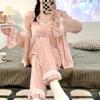 French Court Style Velvet Pajamas Women's Sexy Lace Spaghetti Strap Long Sleeve Cardigan Trousers Three Piece Set Warm Home Wear