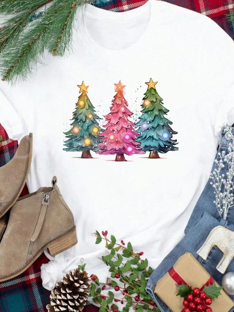 (Азиатский размер) Футболка Новогодний праздник милый стиль письма Счастливого Рождества Топ фестиваль Повседневная Женская Принт Леди Короткий рукав Модные Графические футболки