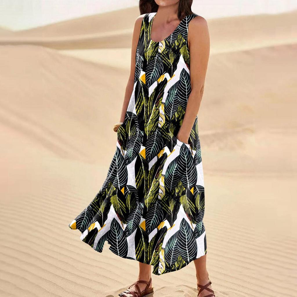 Женское летнее свободное свободное платье с круглым вырезом и цветочным принтом без рукавов, большое свободное платье с карманами