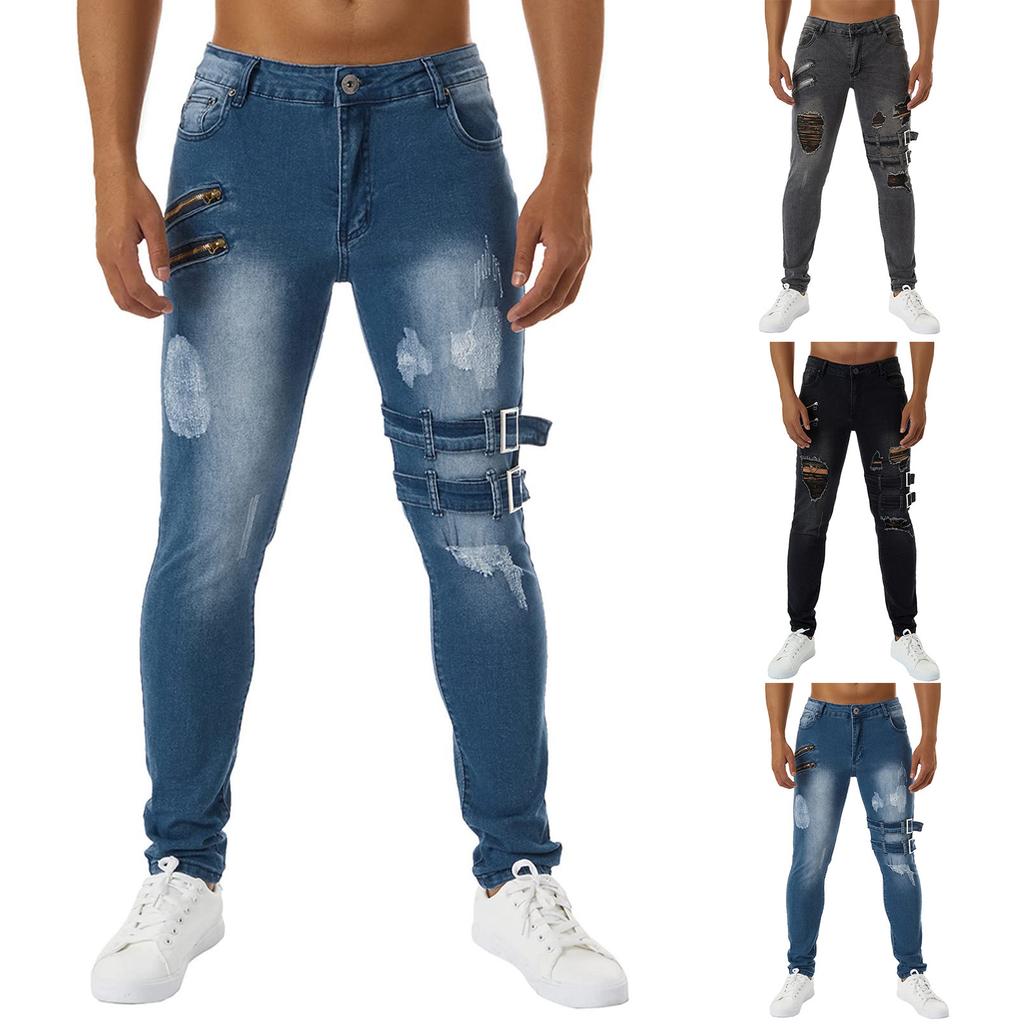 Men Jeans Solid Color Ripped Holes Frayed Gradient Washed Trousers