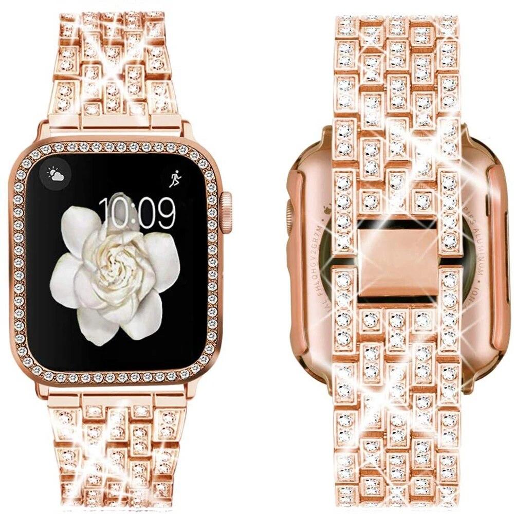 Металлический ремешок для Apple Watch Band 41 мм, 45 мм, 40 мм, 44 мм, женский браслет из нержавеющей стали с бриллиантами, аксессуары для iWatch 9, 8, 7, 6 SE 5