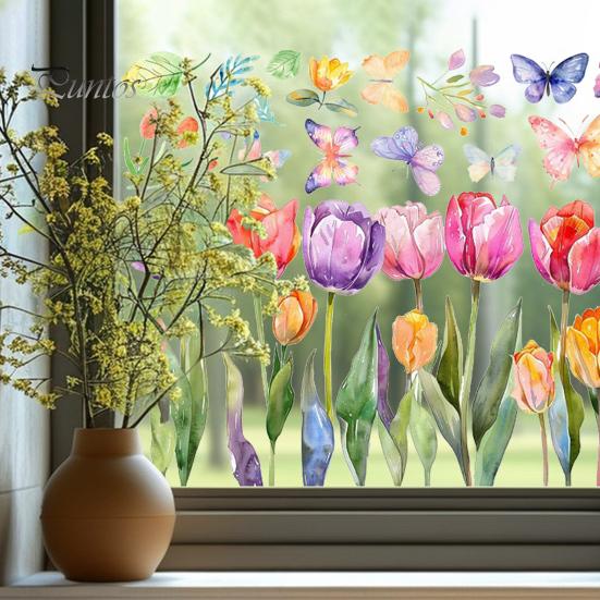 Floral Window Sticker Sheet Vibrant Color Tulip Butterfly Design PVC Glass Film Decal Living Room Kitchen Office Decor