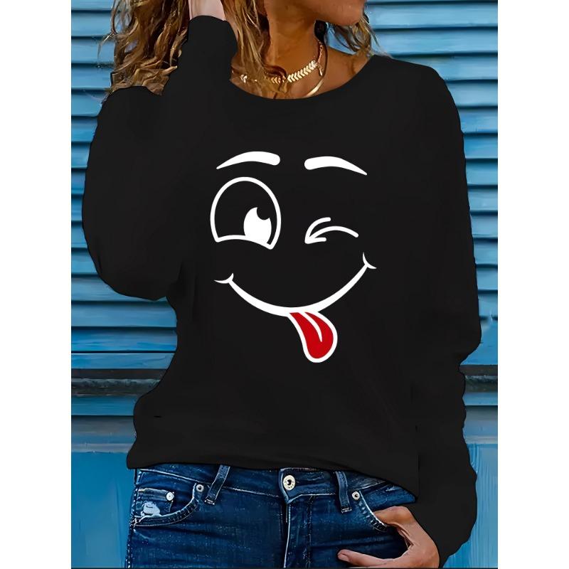 Funny Cartoon Print T-shirt, Casual Long Sleeve Crew Neck Casual Sports Top For Fall & Winter