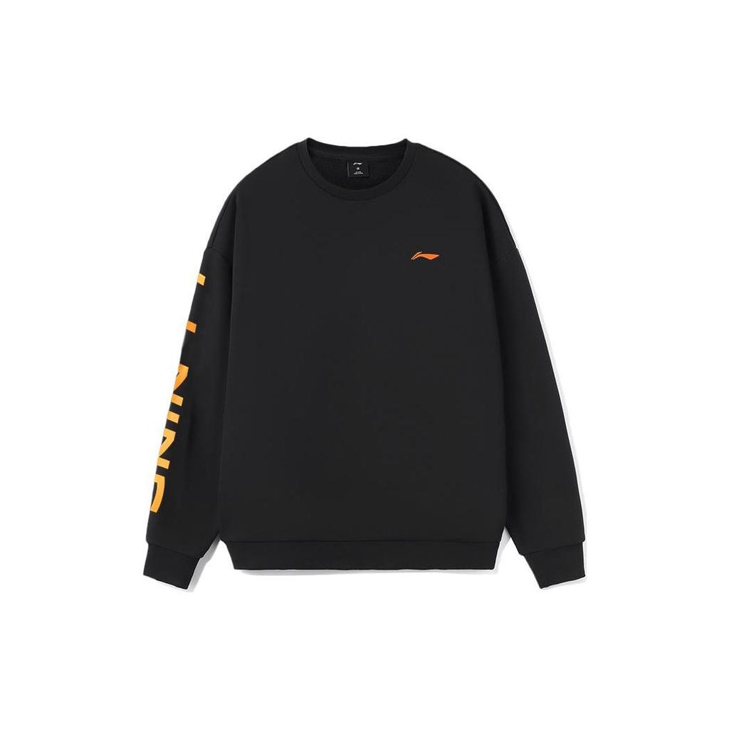 Свободный свитер с круглым вырезом и принтом логотипа Li Ning, теплые флисовые спортивные штаны с длинными рукавами и манжетами, комплект с капюшоном для мужчин, черный AWDSD23-3+AKLSC99-1