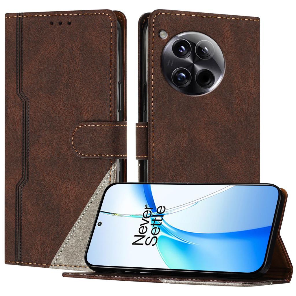 For OnePlus 12 5G Leather Case Triangle Patchwork Wallet Stand Shockproof Phone Cover