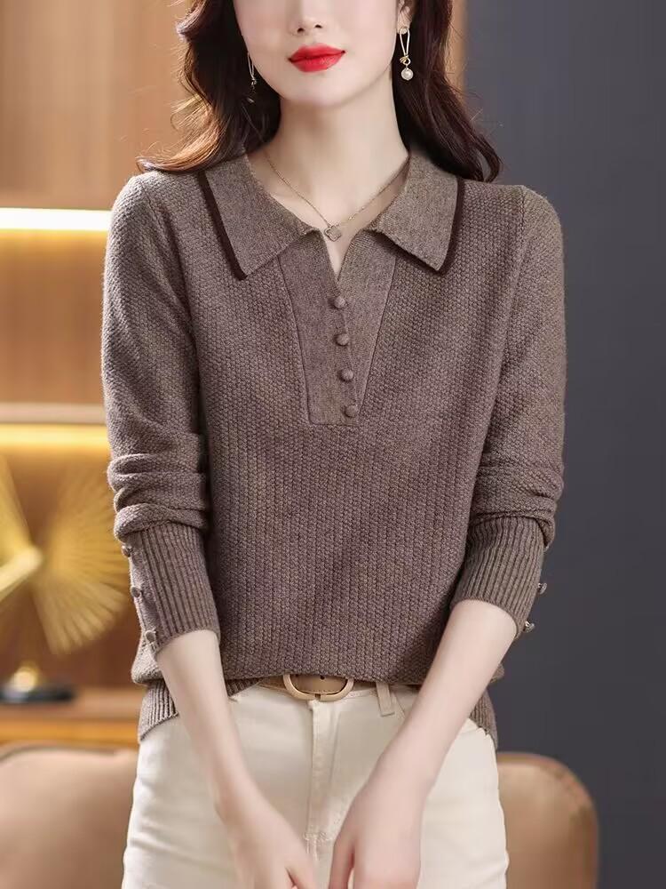 Свитер с лацканами для женщин на осень и зиму, новая трикотажная базовая рубашка, модный свитер для мам