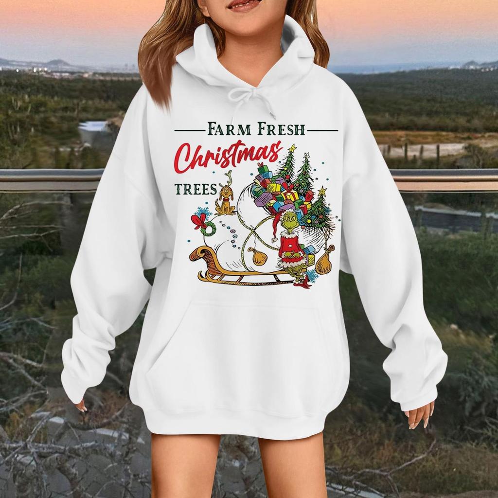 Детская модная повседневная толстовка с капюшоном свободного кроя с длинными рукавами и рождественским принтом