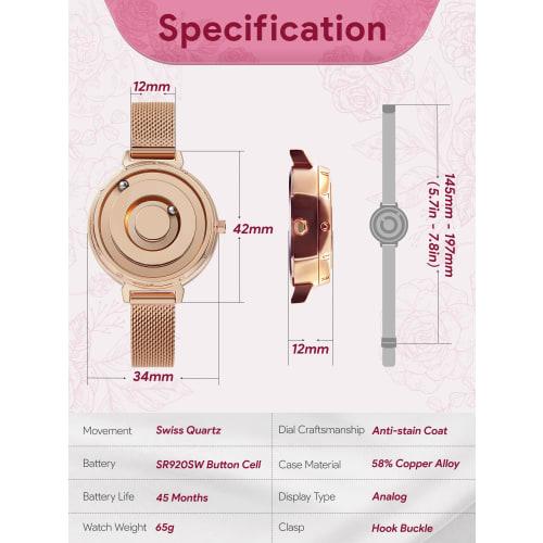 EUTOUR Women's Magnetic Quartz Watch, Minimalist Casual Analog Watch, Stylish Waterproof, 36mm, Rose Gold Dial, Rose Gold Stainless Steel Band, Mesh S