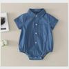 Unisex Newborn Denim Romper with Shirt Collar and Flutter Sleeves - Cotton, Short-Sleeved Baby Crawling Outfit