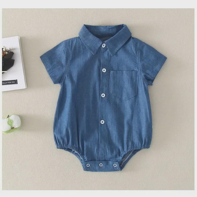 Unisex Newborn Denim Romper with Shirt Collar and Flutter Sleeves - Cotton, Short-Sleeved Baby Crawling Outfit