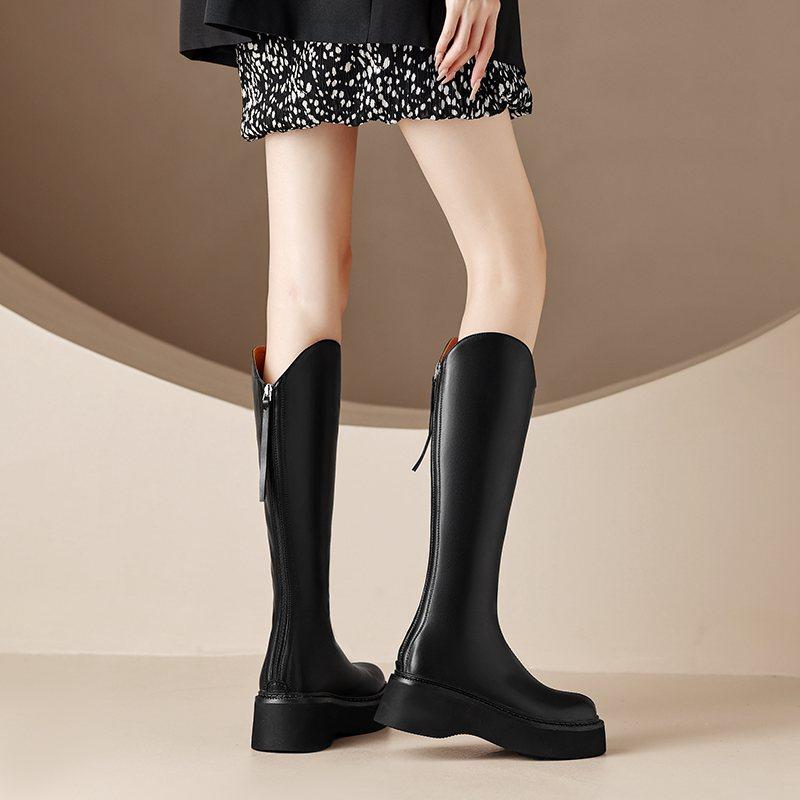 Krazing Pot Осенне-зимняя обувь из коровьего спилка, сапоги для верховой езды на толстой платформе, с круглым носком, сохраняющие тепло, на молнии, высокие сапоги до бедра