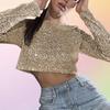 Women Crop Top Shiny Sequin O Neck Long Sleeves Waist-exposed Soft Pullover Stage Show Performance Club Party Lady Top