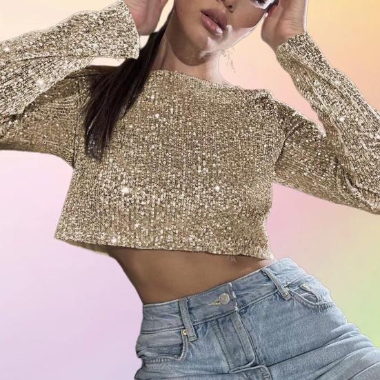Women Crop Top Shiny Sequin O Neck Long Sleeves Waist-exposed Soft Pullover Stage Show Performance Club Party Lady Top
