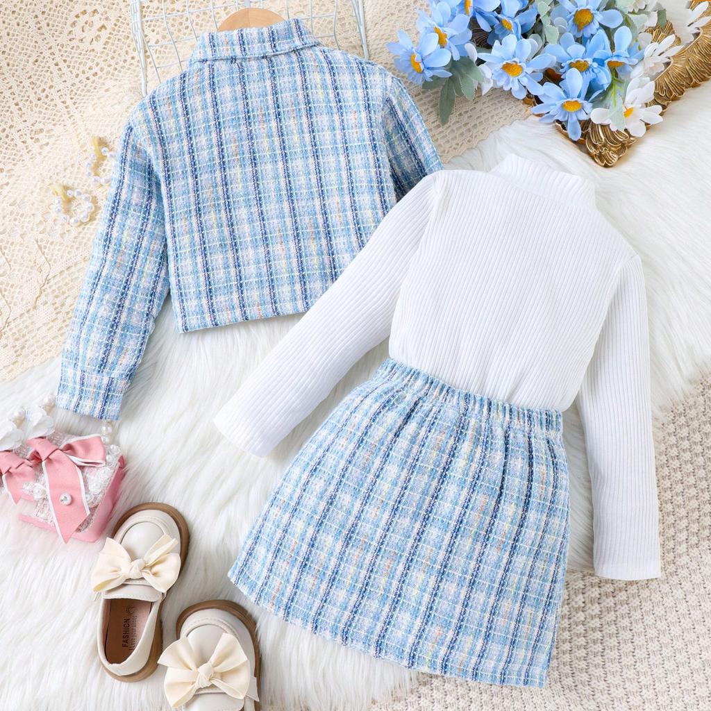 Girls' Fashion Casual Suit Autumn and Winter Children's Plaid Coat Turtleneck Bottom Skirt Suit