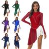 Womens Long Sleeve Skating Dress Sparkle Rhinestone Backless Irregular Hem Side Fringe Leotard Gymnastics Costume