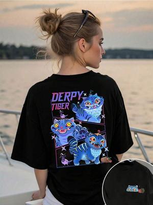 Женская черная футболка K-pop с графикой глупого тигра, причудливым мультяшным тигром и неоновой надписью, повседневная футболка с круглым вырезом