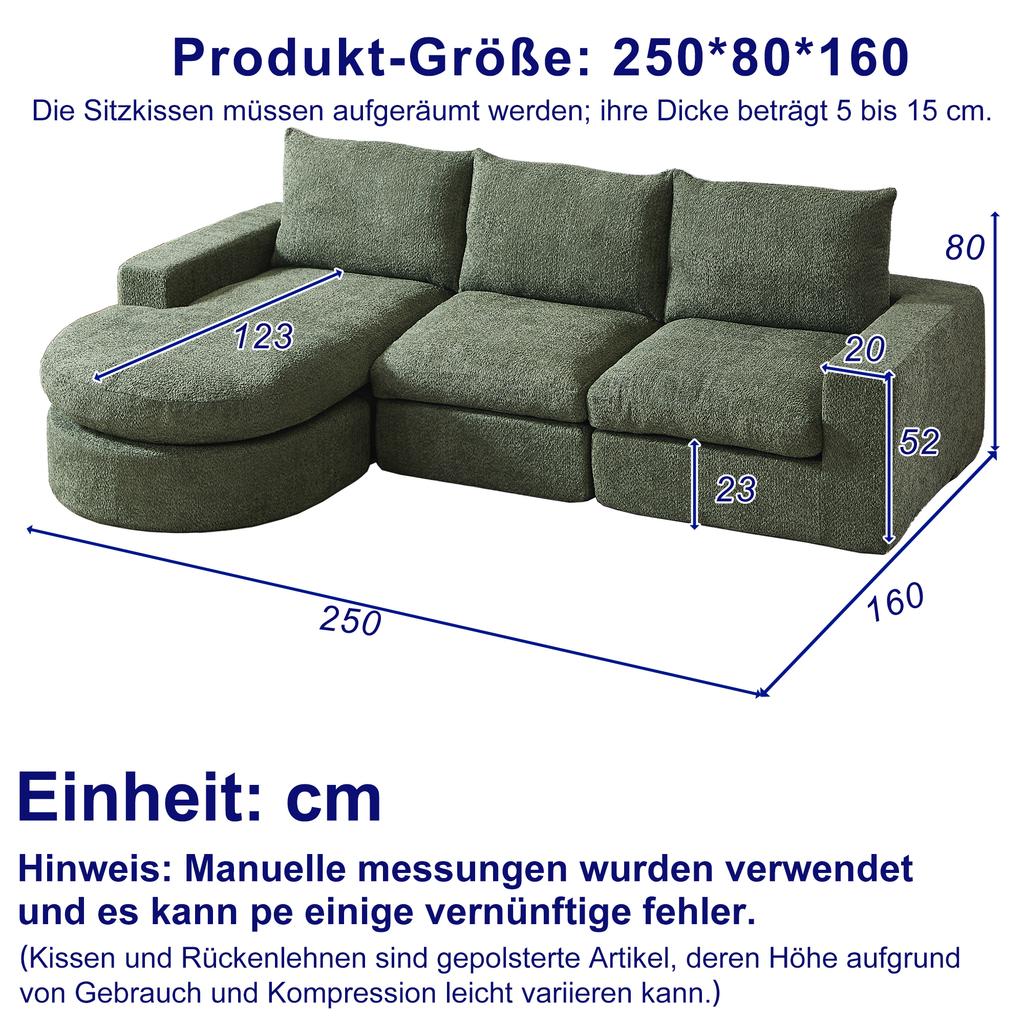 Chenille sofa with curved elements, fully compressed and without frame, modular combination sofa L-chaise longue, foam compression sofa W3349S00061