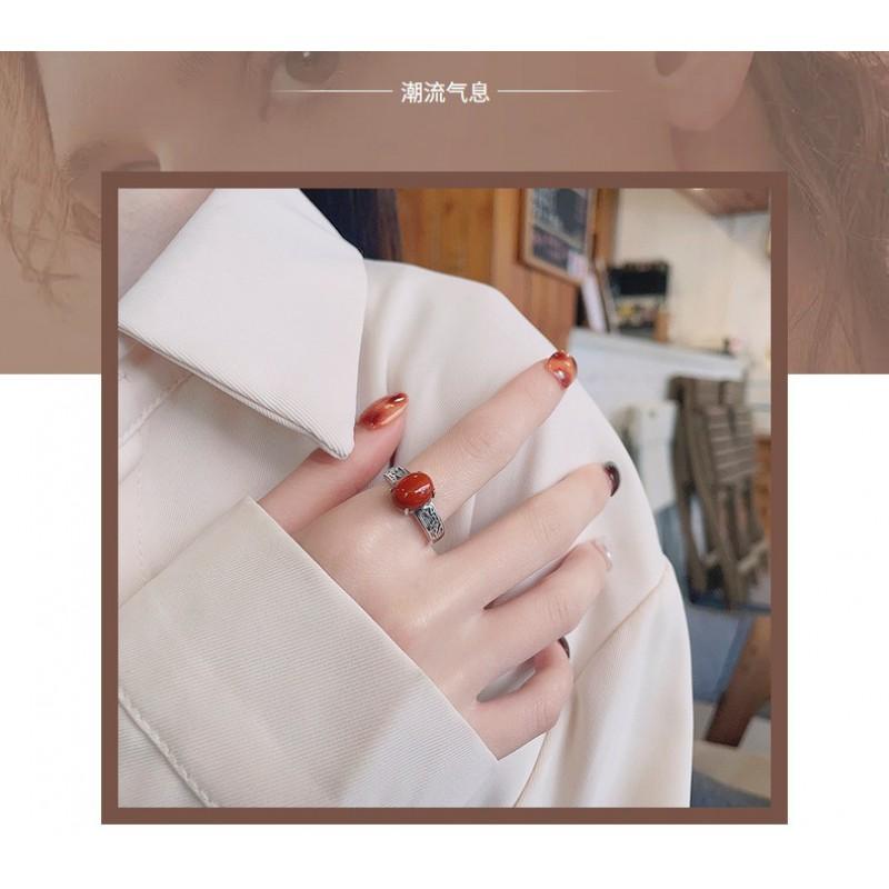 Adjustable Open Ring With Ethnic Totem Inlay Vintage Oxidized Copper Band Red Agate Accent Unisex Boho Statement Jewelry