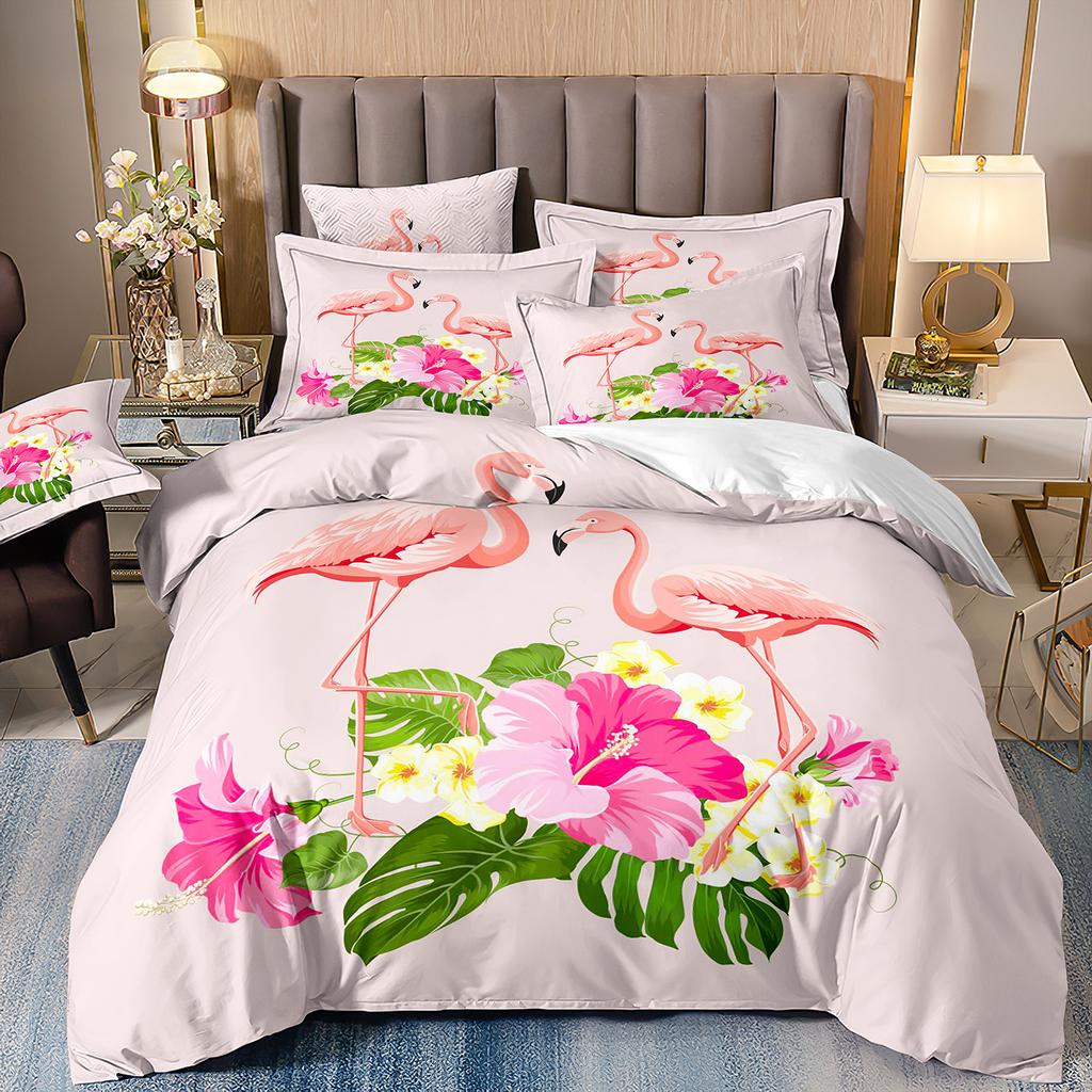 Flamingo Three-Piece 3D Printed Parrot Toucan And Tropical Flower Quilt Cover Pillowcase Bedding