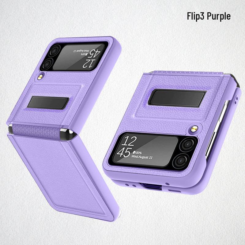 Samsung Z Flip6 Folding Screen Protective Case with Hinge and Bracket, Litchi Leather Mobile Phone Cover.