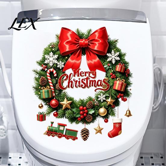 Decorative Stickers for Tiles Christmas Wreath Toilet Decal, Merry Bow Seat Sticker, Festive Decoration Waterproof Lid Tank Decals, Self-Adhesive