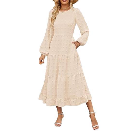 Платье для женщин осень-зима с длинными рукавами-фонариками, А-силуэтом, круглым вырезом, большим подолом, аппликацией в горошек, плиссированное, однотонное, для свиданий, поездок на работу, миди-платье