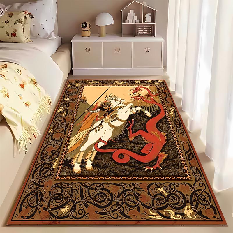 "Medieval Knight Fighting Red Dragons Carpet, Fantasy Art Decor Rug" Suitable for use as an anti-slip for living room bedroom sofas