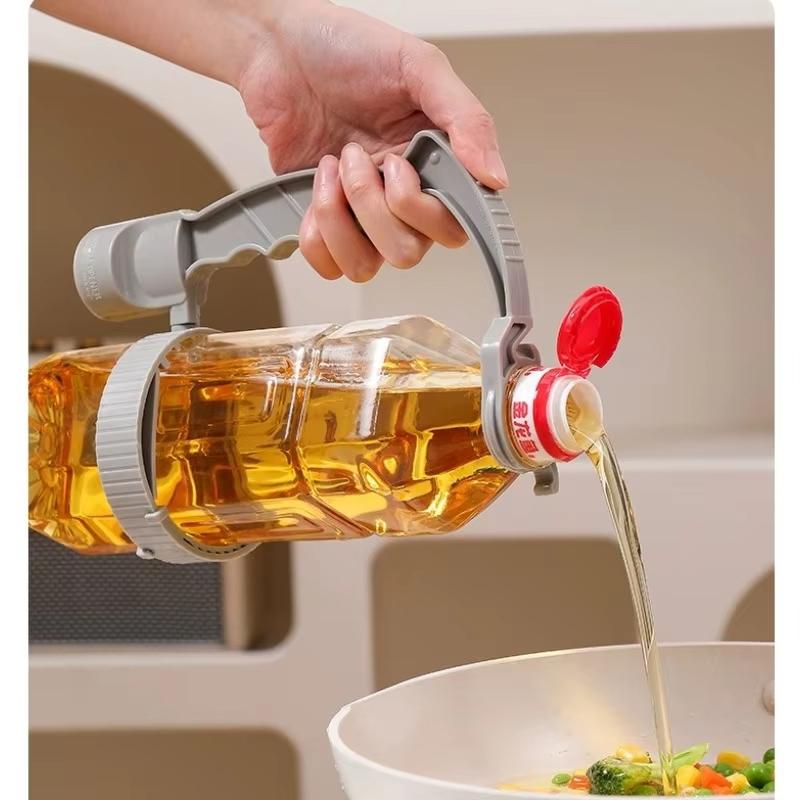 Beverage bottle handle holder with adjustable anti slip strap auxiliary handle multipurpose oil pot with lemon lid handle holder
