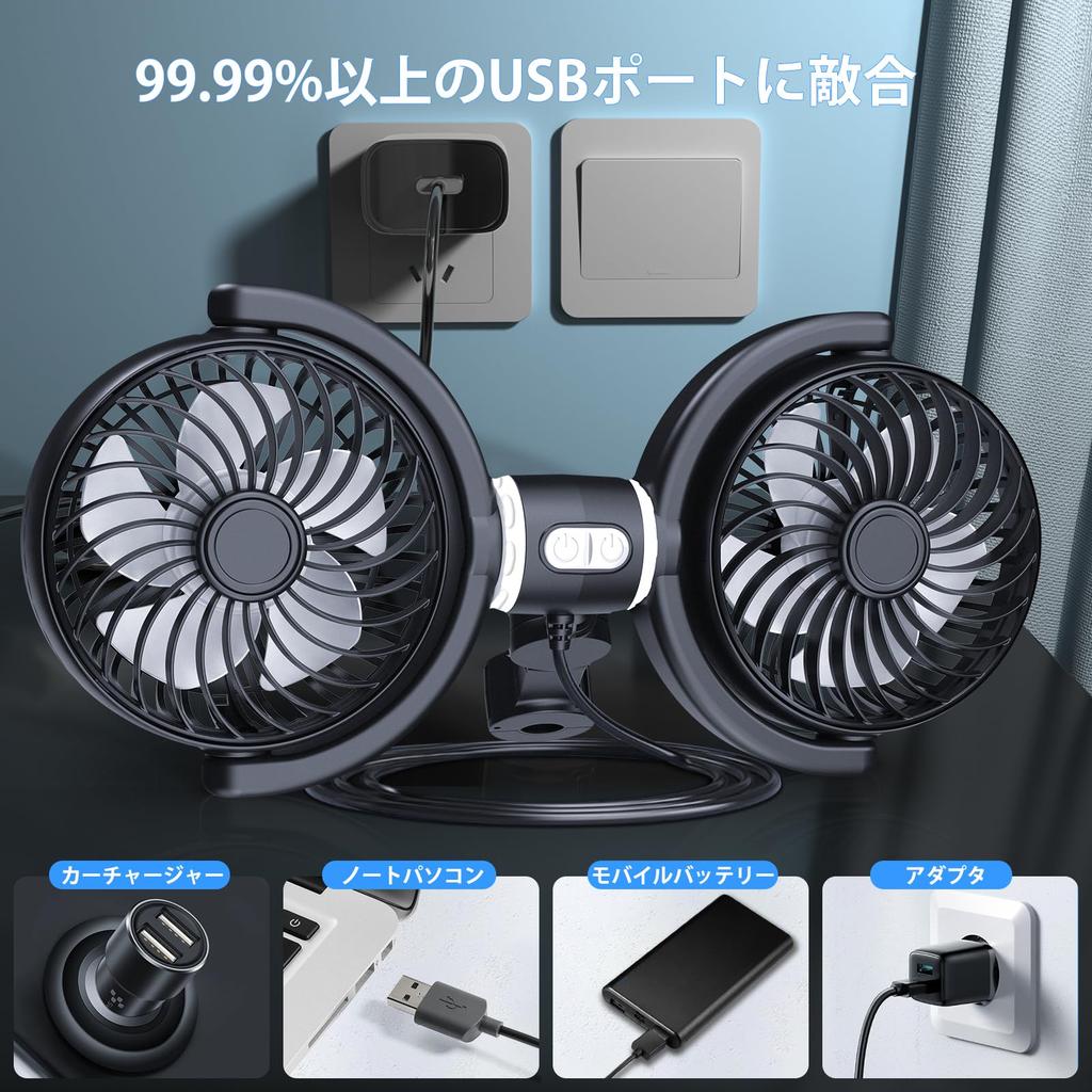 OFFEREE Car Fan, Car Fan, USB Type, Quiet, Car Backseat Fan, 3 Levels of