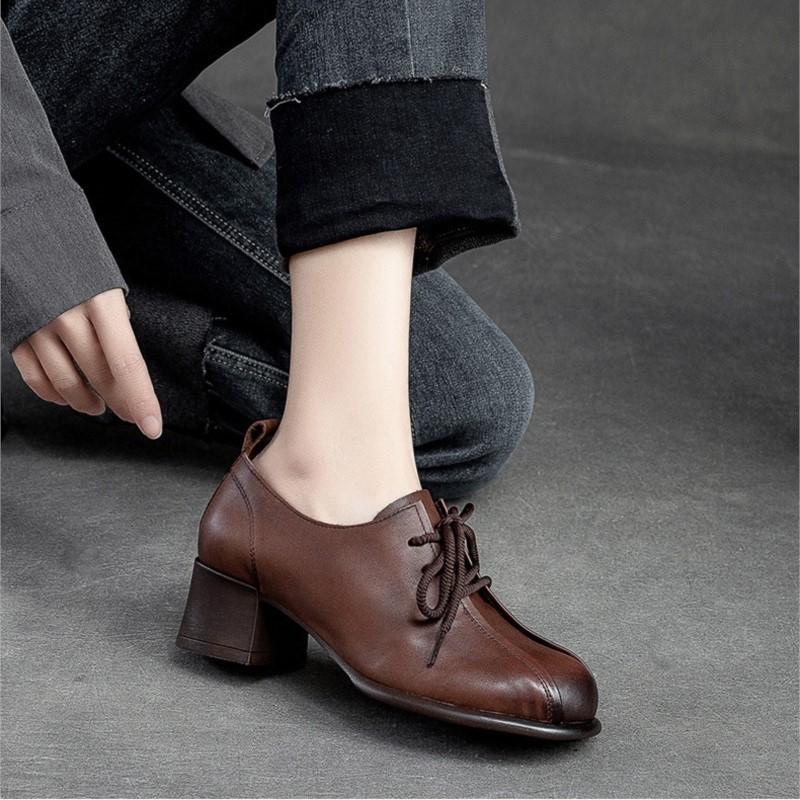 Retro Women Shoes Med Heels Solid Color Pumps Genuine Leather Round Toe Handmade Lace-up Shoes