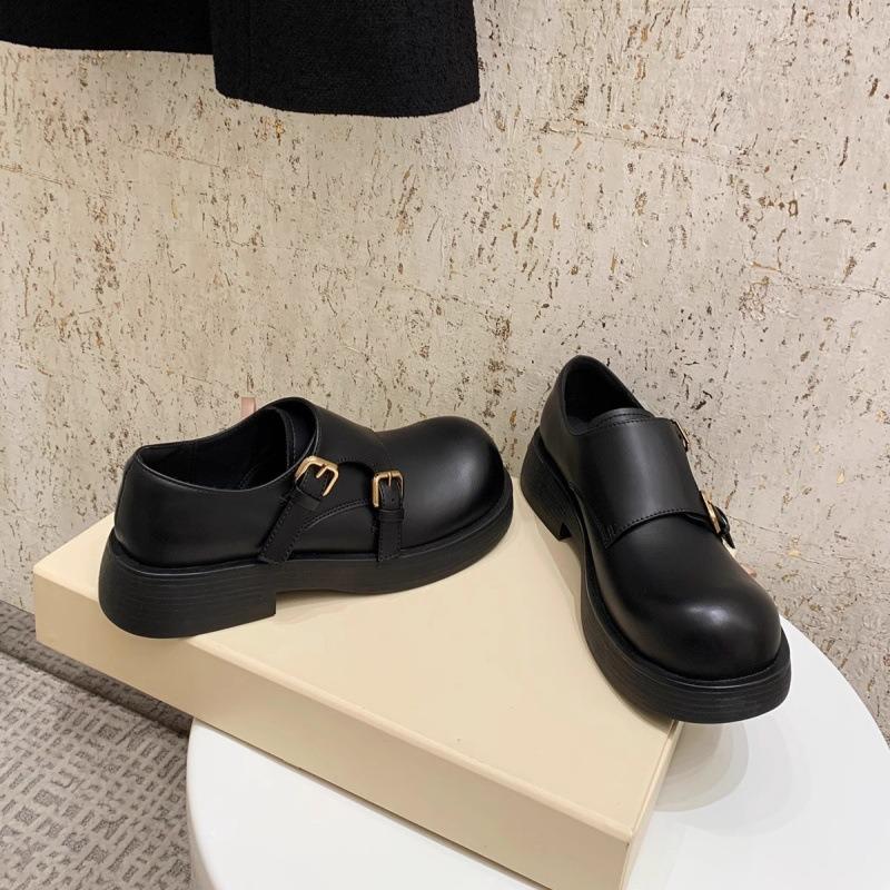 Double Buckle with Round Head and One Pedal, Ugly and Versatile Autumn Retro Big Head Leather Shoes for Women