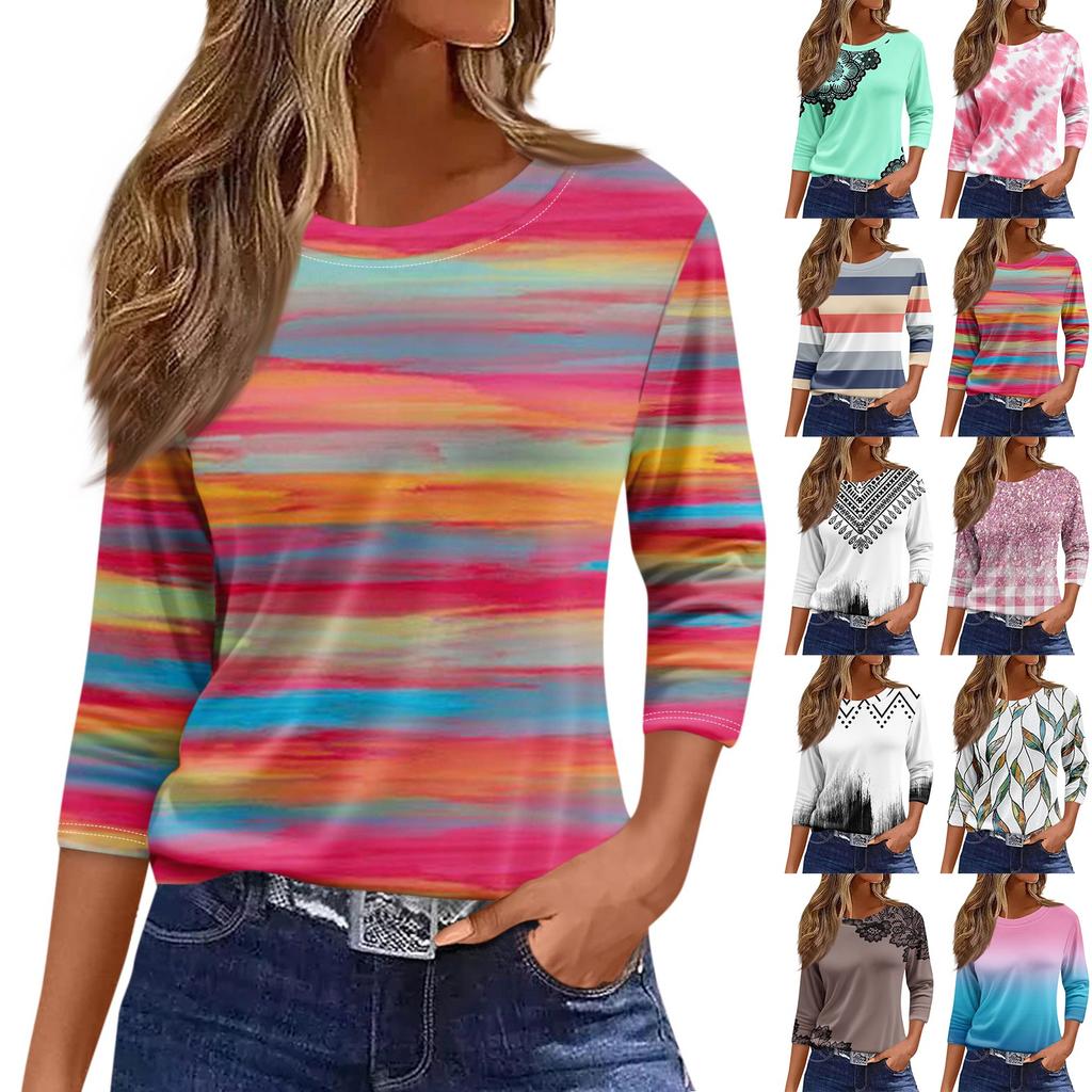 Женская модная повседневная свободная футболка с круглым вырезом и рукавами 3/4 с принтом, женский топ