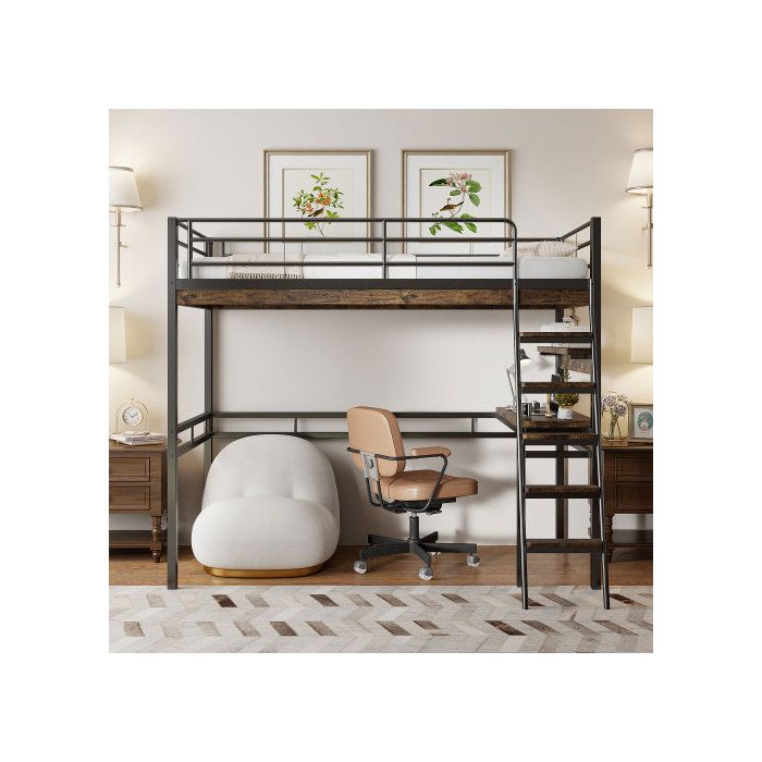 Кровать-чердак - MUVOE - 90x200см - Черный - Встроенный стол - Полки для хранения