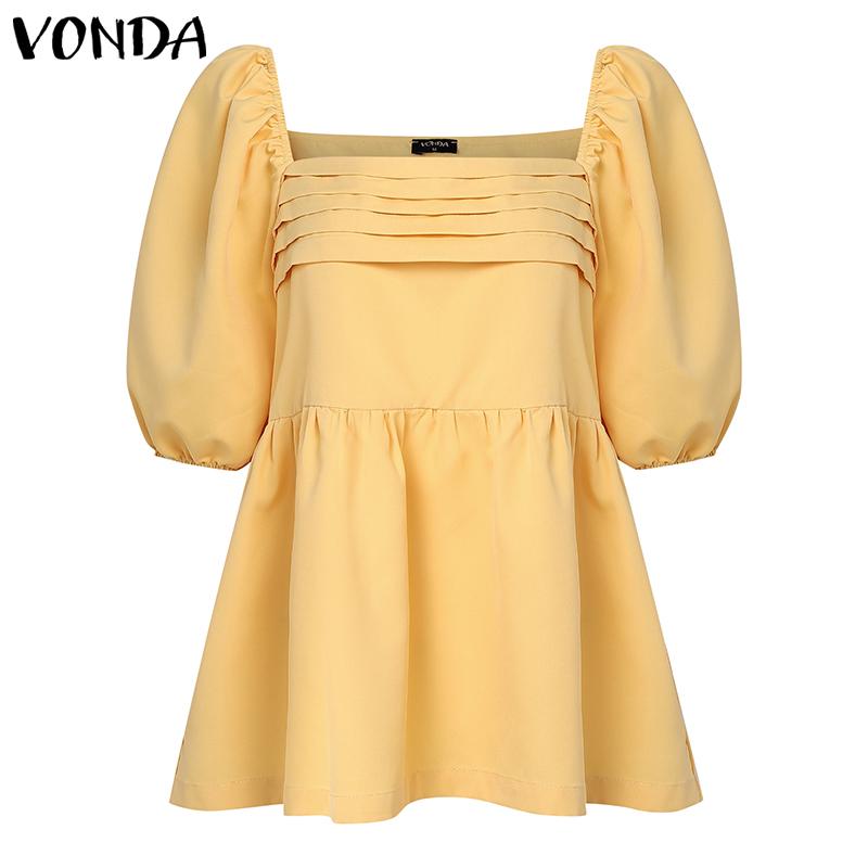 VONDA Summer Women Square Collar Puff Sleeve Ruched Casual Blouse Tops