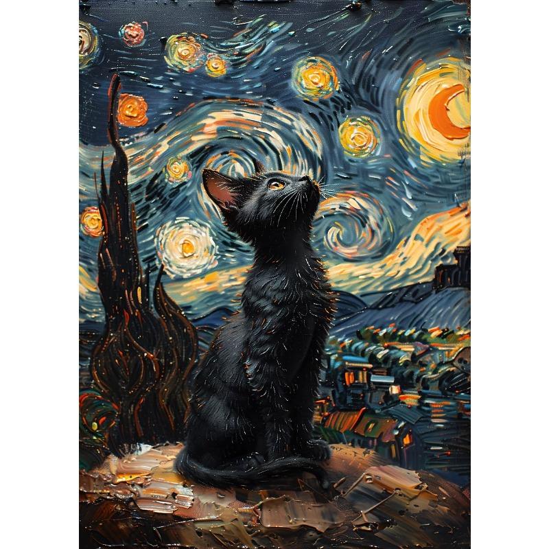 Черный кот под небом Серия «Звездная ночь» Тематическая печать на холсте Модные популярные цвета Фреска Студия Домашнее украшение Искусство Подарки