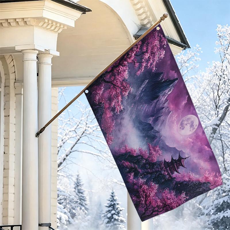 2D Flat - 2D Flat - 1pc 2D Flat, Decorative Flag, Oriental Classical Landscape Cherry Blossom Pagoda Full Pattern Single-Sided Printed Flag, Aesthetic