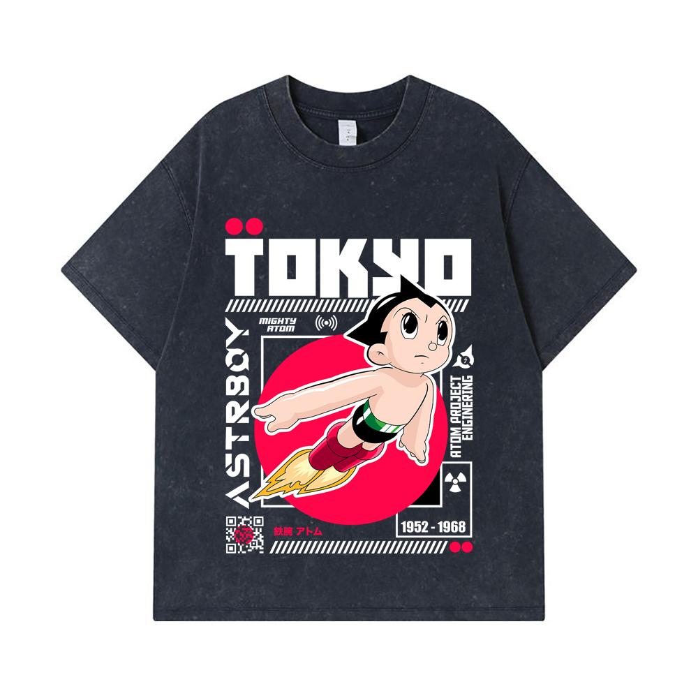 Стиранные футболки 275 г/м² 100% Хлопок Принт Astro Boy V2 Унисекс Тяжелая хлопковая футболка