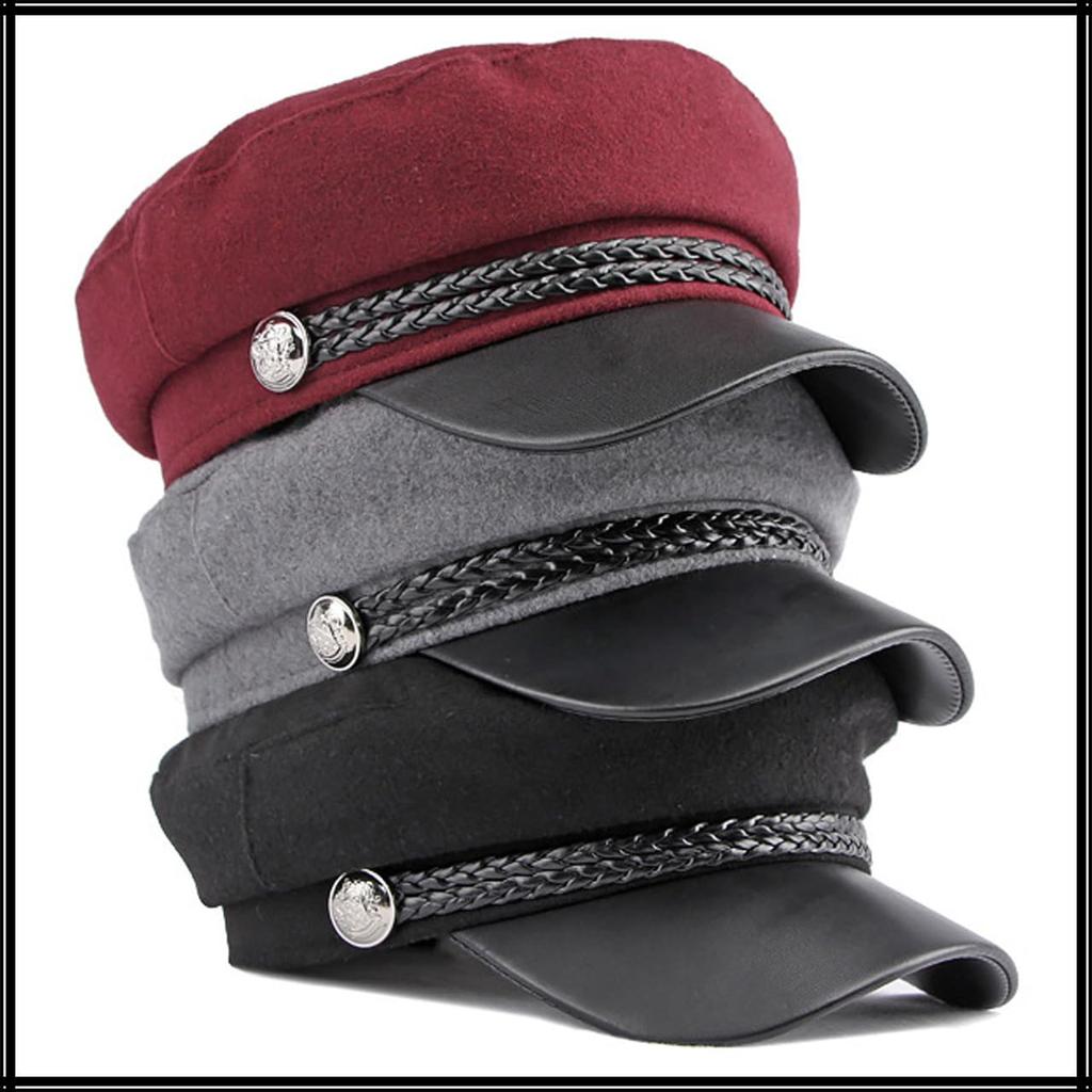 Морская кепка Шерстяная кепка газетчика Козырек из ПУ кожи Выходная Женская Мужская CZ154 [Белый Клык] (Светло-серый)