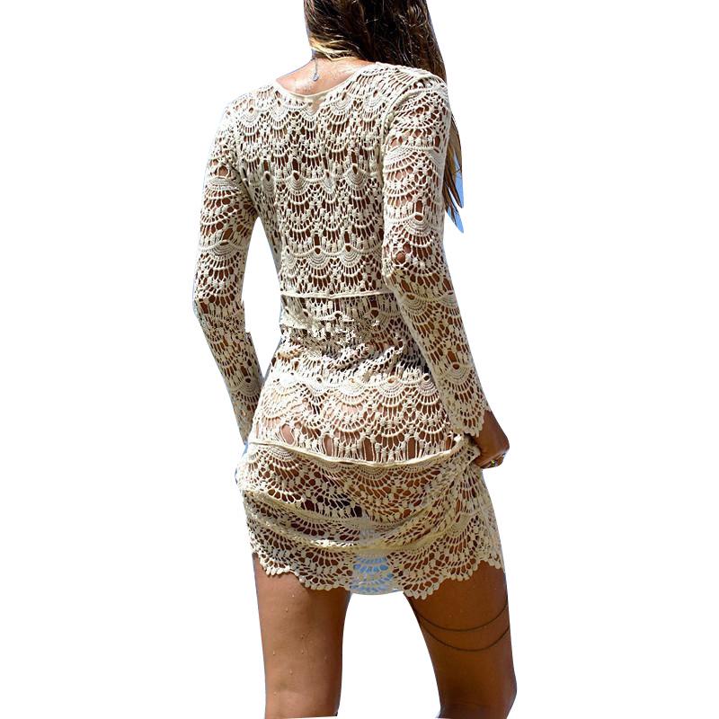 European and American Style Lace Crochet Long Sleeve Beach Cover-Up Dress